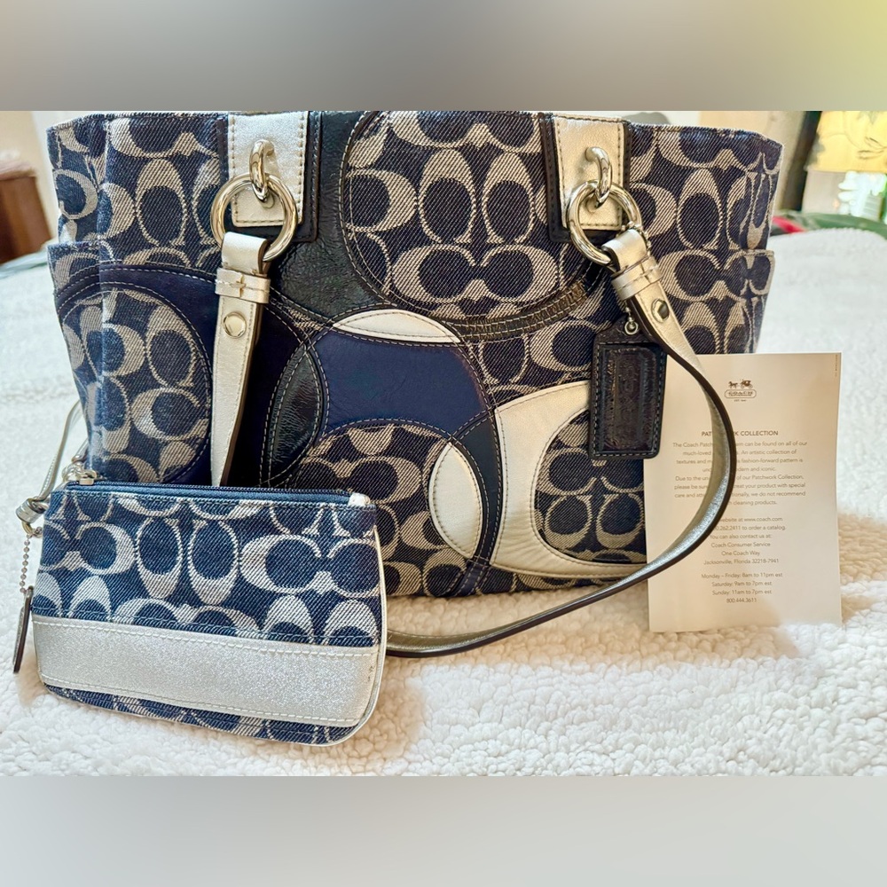 Coach denim inlaid patchwork tote bag with wristlet. Excellent condition!